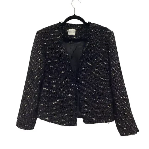Anine Bing Tweed Navy Blue Gold Fringed Raw Hemline Jacket Blazer Size Small